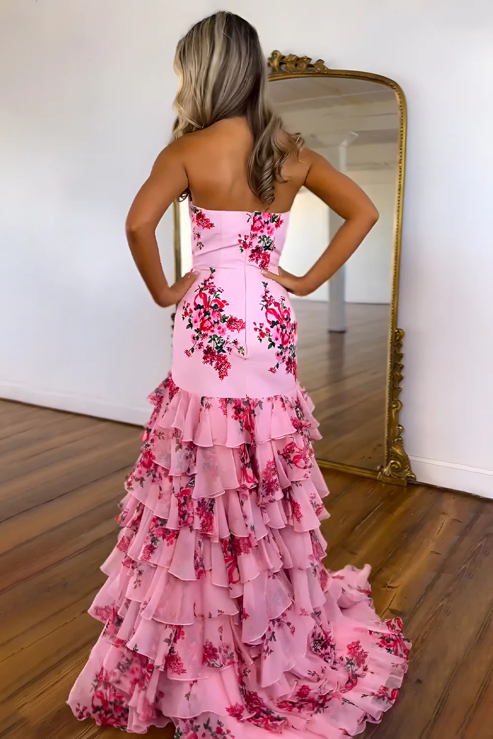 Vestido Weitese, bonito vestido de fiesta rosa sin tirantes, largo, estilo sirena, con falda de gasa estampada con volantes.